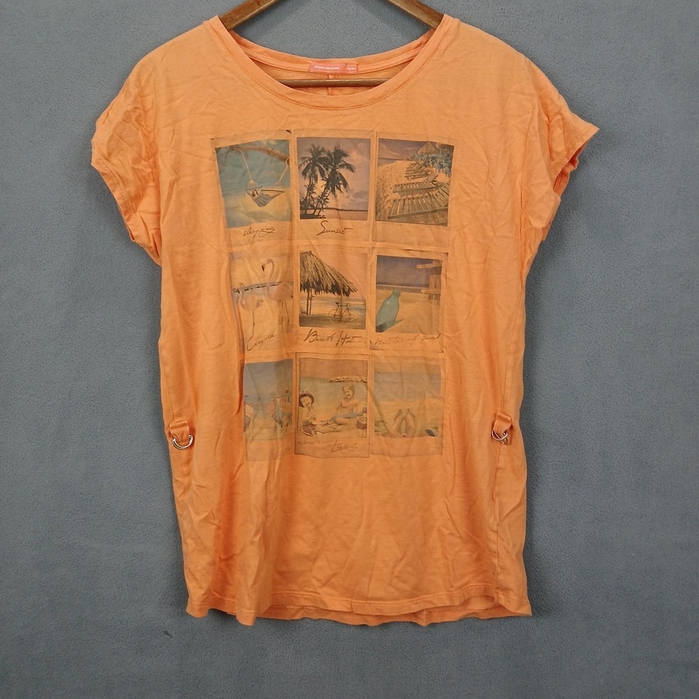 Metersbonwe T Shirt Womens Small Orange Graphic Print Casual Beach Everyday Wear